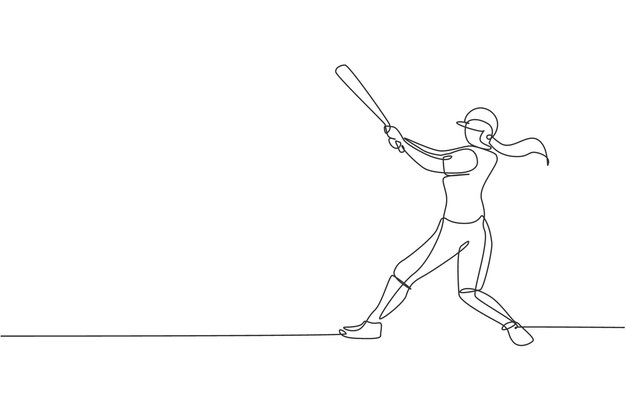 Un dibujo de una sola línea de una joven y enérgica jugadora de béisbol practicando para golpear el vector de la pelota