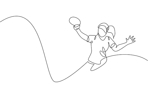 Un dibujo de una sola línea de una joven y enérgica jugadora de tenis de mesa defendiéndose de un vector rival