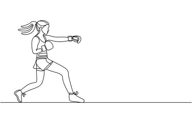 Un dibujo de una sola línea de una joven y enérgica mujer boxeadora practicando el puñetazo en el gimnasio deportivo vector