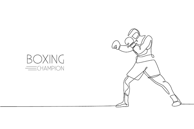 Un dibujo de una sola línea de un joven enérgico boxeador practicando en el gimnasio deportivo vector diseño combativo