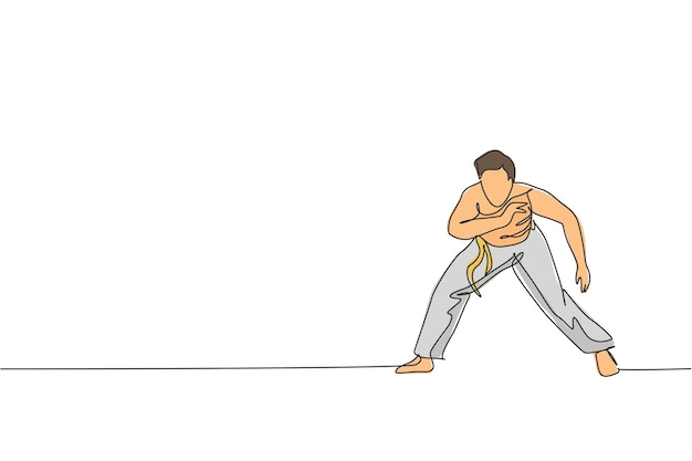 Un dibujo de una sola línea de un joven enérgico capoeira realizando una ilustración de vector de lucha bailando