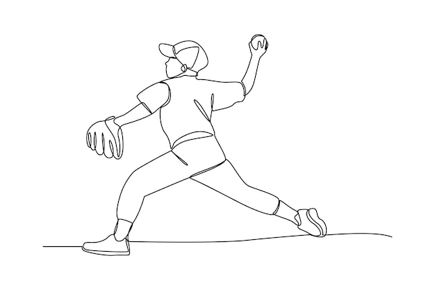 Un dibujo de una sola línea de un joven enérgico en el deporte de béisbol lanzando la pelota Concepto de entrenamiento deportivo individual Diseño moderno de dibujo de líneas continuas para banner de competición deportiva