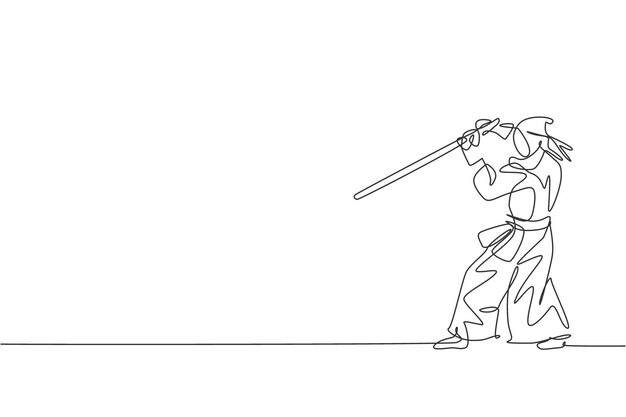 Un dibujo de una sola línea de un joven enérgico ejercita el movimiento de kendo de defensa con una espada de madera en el gimnasio