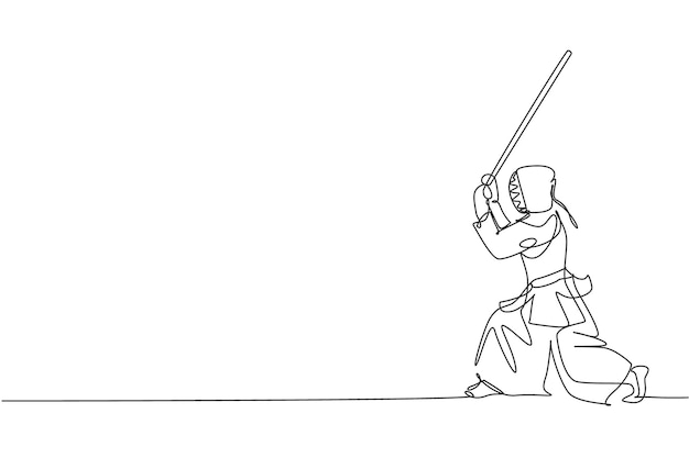 Un dibujo de una sola línea de un joven enérgico ejercitando la postura de kendo con un vector de espada de madera