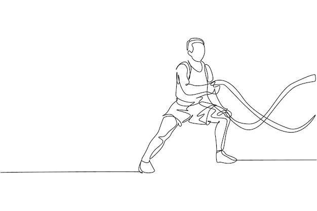 Vector un dibujo de una sola línea de un joven enérgico haciendo ejercicio en la cuerda de batalla para entrenar la resistencia muscular