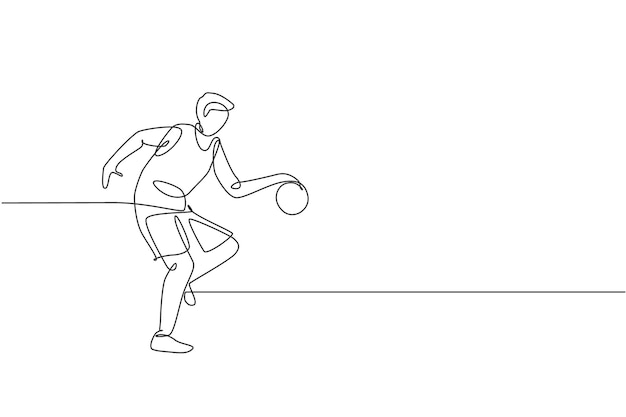 Un dibujo de una sola línea de un joven y enérgico jugador de baloncesto entrenando en el diseño vectorial gráfico de la cancha
