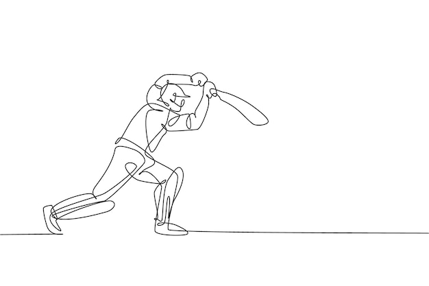 Un dibujo de una sola línea de un joven enérgico jugador de cricket de pie para golpear la pelota ilustración