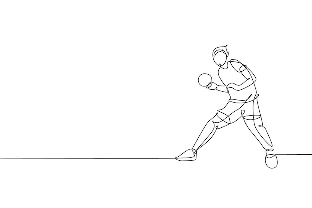 Dibujo de una sola línea, joven, enérgico, jugador de tenis de mesa, entrena seriamente, arte gráfico vectorial