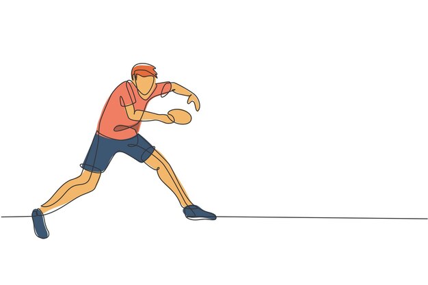 Un dibujo de una sola línea, un joven enérgico jugador de tenis de mesa posa defensivamente en un gráfico vectorial