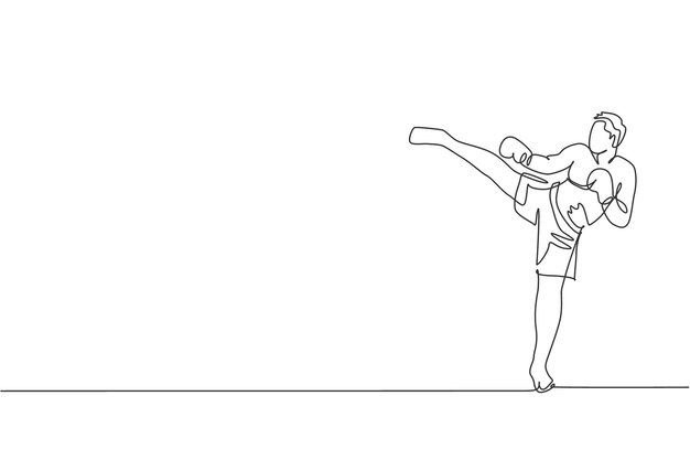 Un dibujo de una sola línea de un joven enérgico kickboxer practica una patada lateral en un vector de arena de boxeo