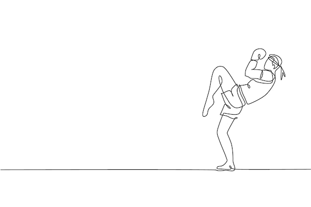 Dibujo de una sola línea de un joven y enérgico luchador de muay thai ejercitando el vector del centro gráfico