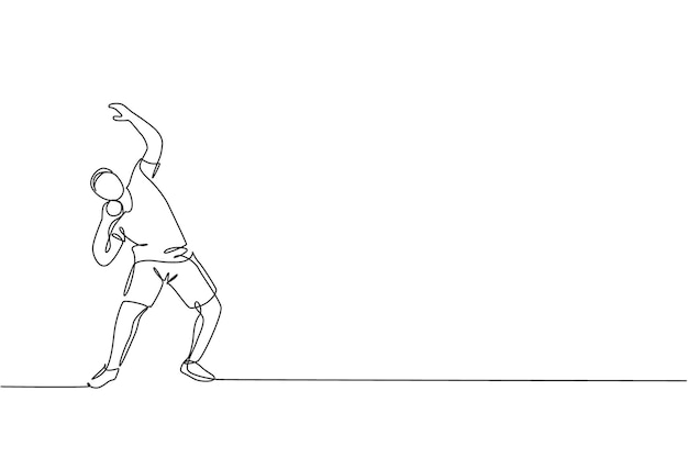 Dibujo de una sola línea de un joven enérgico que ejercita la postura antes de lanzar un tiro puesto en la ilustración del vector de campo Concepto de deporte atlético de estilo de vida saludable Diseño moderno de dibujo de línea continua