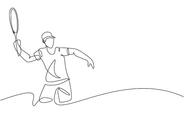 Un dibujo de una sola línea de un joven y enérgico tenista golpea la pelota del arte vectorial del oponente