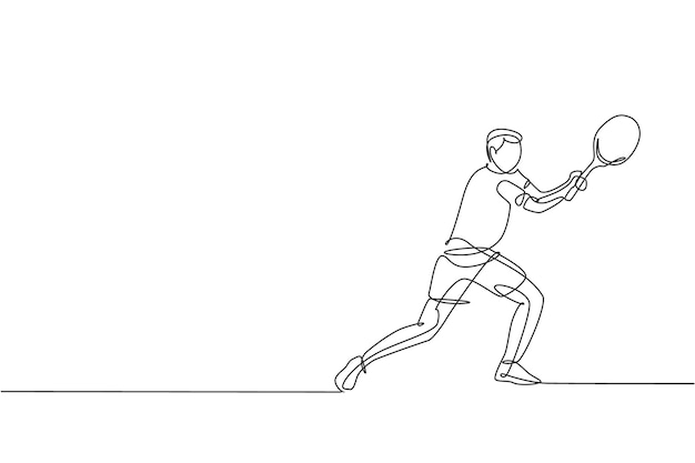 Un dibujo de una sola línea, joven y enérgico tenista masculino, golpeó la pelota, ilustración vectorial gráfica