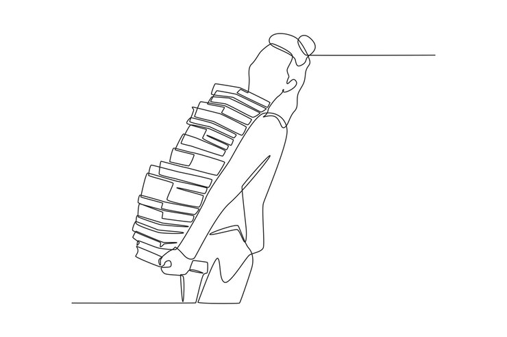 Vector dibujo de una sola línea joven estudiante que lleva una pila de libros en la espalda concepto del día de los amantes de los libros ilustración gráfica vectorial de diseño de dibujo de una sola línea