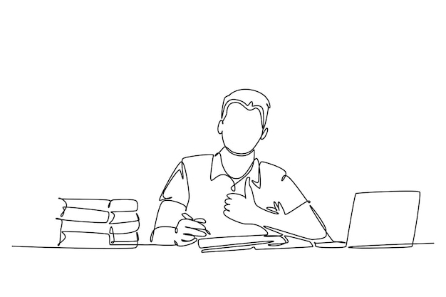 Dibujo de una sola línea joven estudiante universitario feliz estudiando y leyendo una pila de libros en la biblioteca mientras da el gesto de aprobación Educación Diseño de dibujo de línea continua ilustración vectorial gráfica