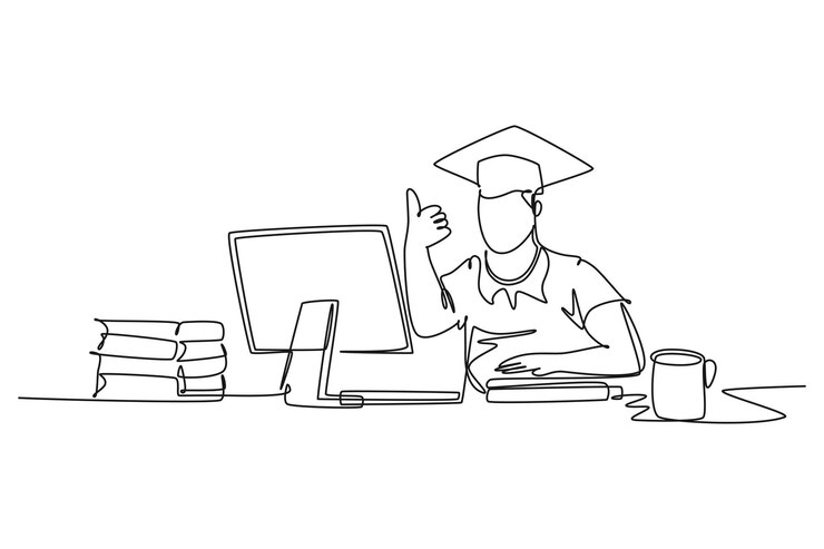 Vector dibujo de una sola línea joven estudiante universitario feliz que estudia frente a la computadora y da el pulgar hacia arriba concepto de estudiante de posgrado ilustración de vector gráfico de diseño de línea continua moderna