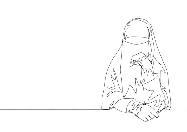 Dibujo de una sola línea de la joven y feliz belleza musulmana árabe saudita usando burka y sentada en una silla
