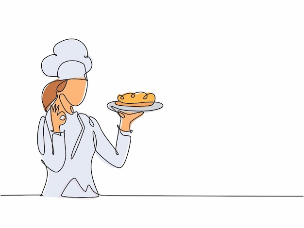 Dibujo de una sola línea, joven y feliz cocinera de belleza, da degustación, buen gesto, ilustración vectorial