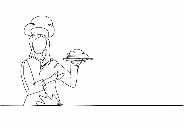 Dibujo de una sola línea, joven y feliz cocinera de belleza, da degustación, buen gesto, ilustración vectorial