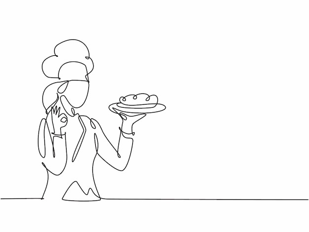 Dibujo de una sola línea, joven y feliz cocinera de belleza, da degustación, buen gesto, ilustración vectorial