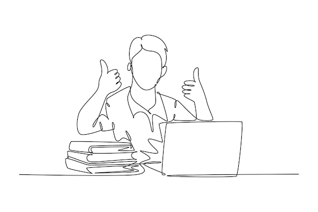 Dibujo de una sola línea joven feliz estudiante universitario masculino estudiando en la biblioteca del campus junto a una pila de libros y una computadora portátil Concepto educativo Moderno diseño de dibujo de línea continua ilustración vectorial gráfica