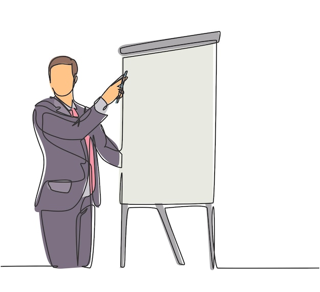 Un dibujo de una sola línea del joven y feliz fundador de una startup presentando una propuesta de negocio a los inversores