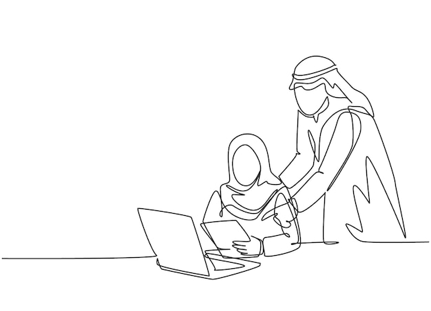 Un dibujo de una sola línea de un joven y feliz gerente de pareja musulmana enseña a analizar datos de la base de datos