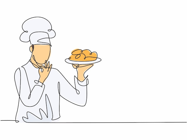 Dibujo de una sola línea, joven, feliz, guapo, chef masculino, dar, degustación, buen gesto, vector, ilustración