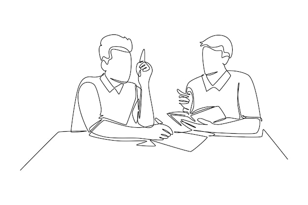 Dibujo de una sola línea de un joven fundador de una empresa que formula un procedimiento operativo estándar para su puesta en marcha Concepto de discusión de crecimiento empresarial Diseño de dibujo de línea continua Ilustración vectorial gráfica