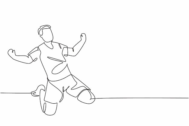 Un dibujo de una sola línea de un joven futbolista deportivo celebrando su gol en el campo