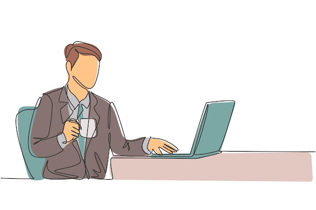 Un dibujo de una sola línea de un joven gerente escribiendo en el teclado de una computadora portátil mientras sostiene una taza de café