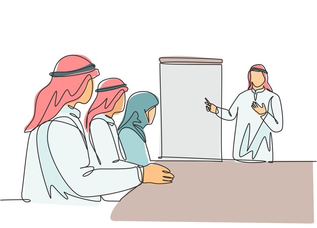 Un dibujo de una sola línea de un joven gerente musulmán que da una presentación de negocios. Tela de Arabia.