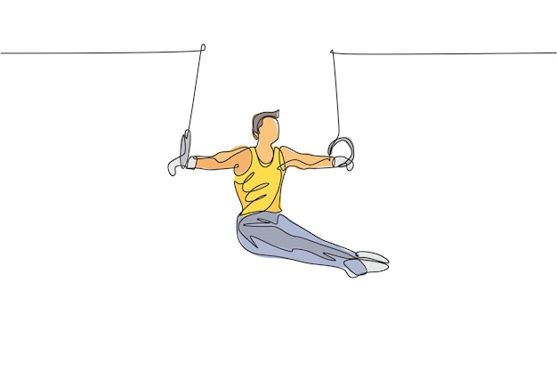 Un dibujo de una sola línea de un joven gimnasta guapo ejercitando anillos constantes ilustración vectorial