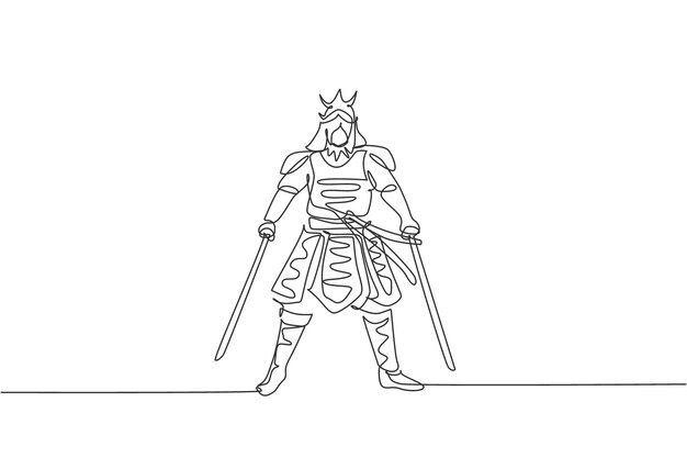 Un dibujo de una sola línea de un joven guerrero samurai japonés sosteniendo una espada katana en el vector del centro del dojo