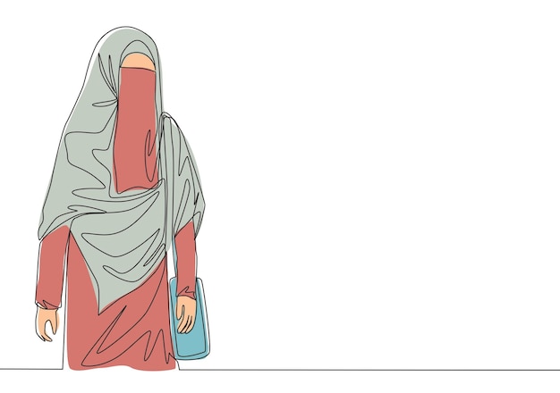 Un dibujo de una sola línea de una joven hermosa y bonita musulmana de Oriente Medio que usa burka con velo belleza tradicional mujer árabe niqab tela concepto dibujo de línea continua diseño ilustración vectorial