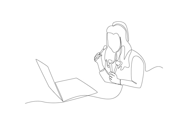Dibujo de una sola línea Joven hermosa niña vlogger de belleza profesional grabando tutorial de maquillaje para compartir en las redes sociales Concepto virtual Diseño de dibujo de línea continua ilustración vectorial gráfica