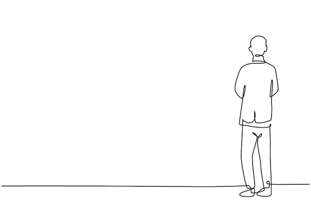 Dibujo de una sola línea de un joven hombre de negocios inteligente parado desde la vista trasera Análisis de negocios