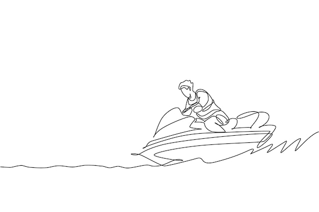 Un dibujo de una sola línea joven juega jet ski en la playa del mar vector tierra sana deporte extremo