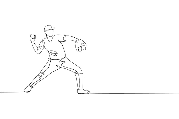 Un dibujo de una sola línea de un joven jugador de béisbol practicando para lanzar la pelota vector Diseño deportivo