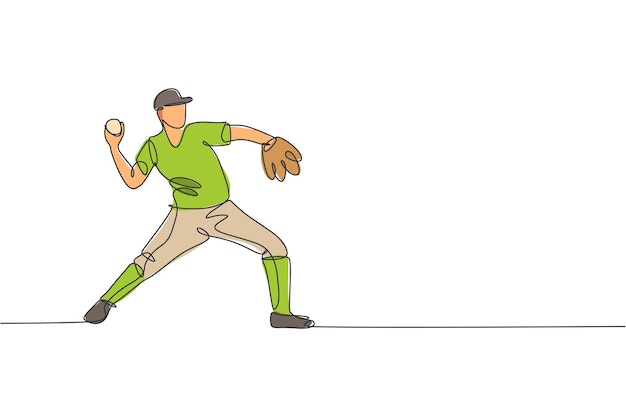 Un dibujo de una sola línea de un joven jugador de béisbol practicando para lanzar la pelota vector Diseño deportivo