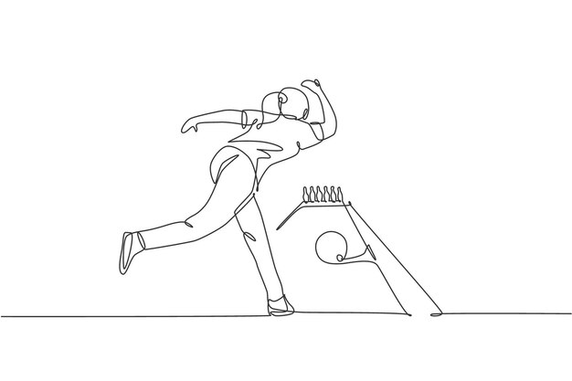 Un dibujo de una sola línea joven jugador de bolos mujer lanzando una pelota para golpear los alfileres ilustración vectorial