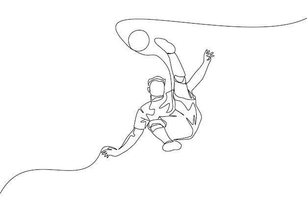 Dibujo de una sola línea de un joven jugador de fútbol talentoso disparando la pelota con técnica de patada de bicicleta