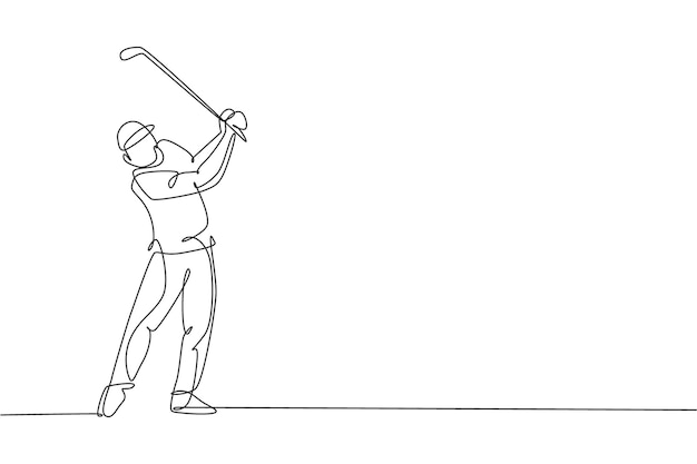 Un dibujo de una sola línea de un joven jugador de golf deportivo golpea la pelota usando un gráfico vectorial de un palo de golf