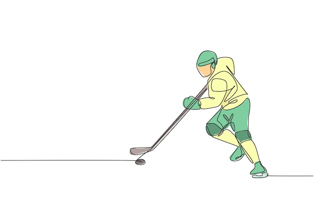 Un dibujo de una sola línea de un joven jugador de hockey sobre hielo jugando un juego competitivo en la pista de hielo vector estadio