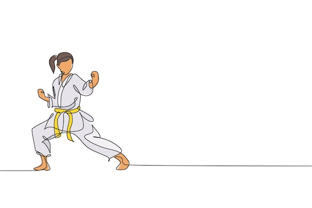 Un dibujo de una sola línea de una joven karateka en uniforme de lucha con cinturón ejercitando el vector de arte marcial