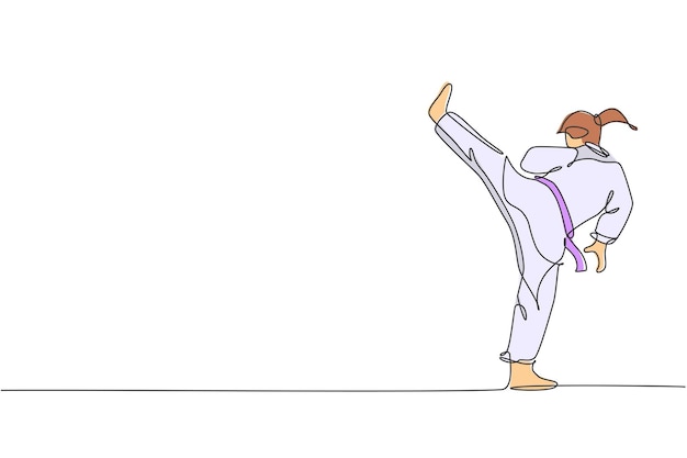 Un dibujo de una sola línea de una joven karateka en uniforme de lucha con cinturón ejercitando el vector de arte marcial