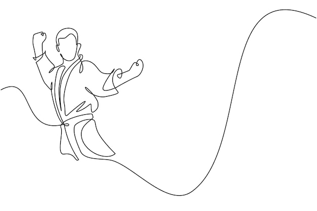 Un dibujo de una sola línea de un joven karateka en uniforme de lucha ejercitando arte marcial en el gimnasio vector