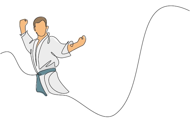Un dibujo de una sola línea de un joven karateka en uniforme de lucha ejercitando arte marcial en el gimnasio vector