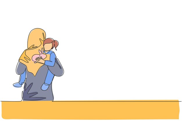 Un dibujo de una sola línea de una joven madre árabe sosteniendo a su hija somnolienta va al vector del dormitorio
